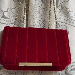 Festive  Holiday Red Velvet Shoulder Bag with Gold Chain